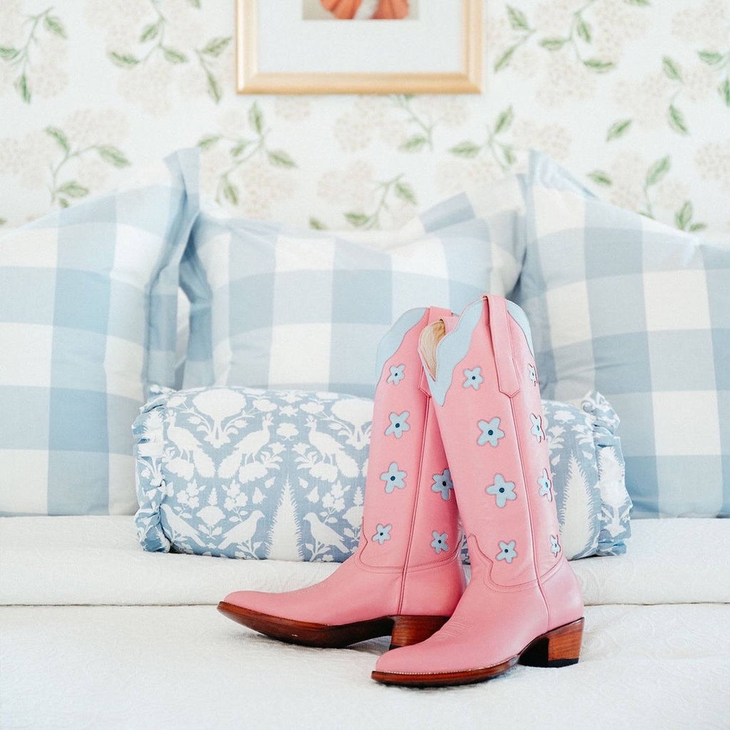 Pink Almond-Toe Powder Blue Flowers Inlay Wide Calf Knee High Cowgirl Boots