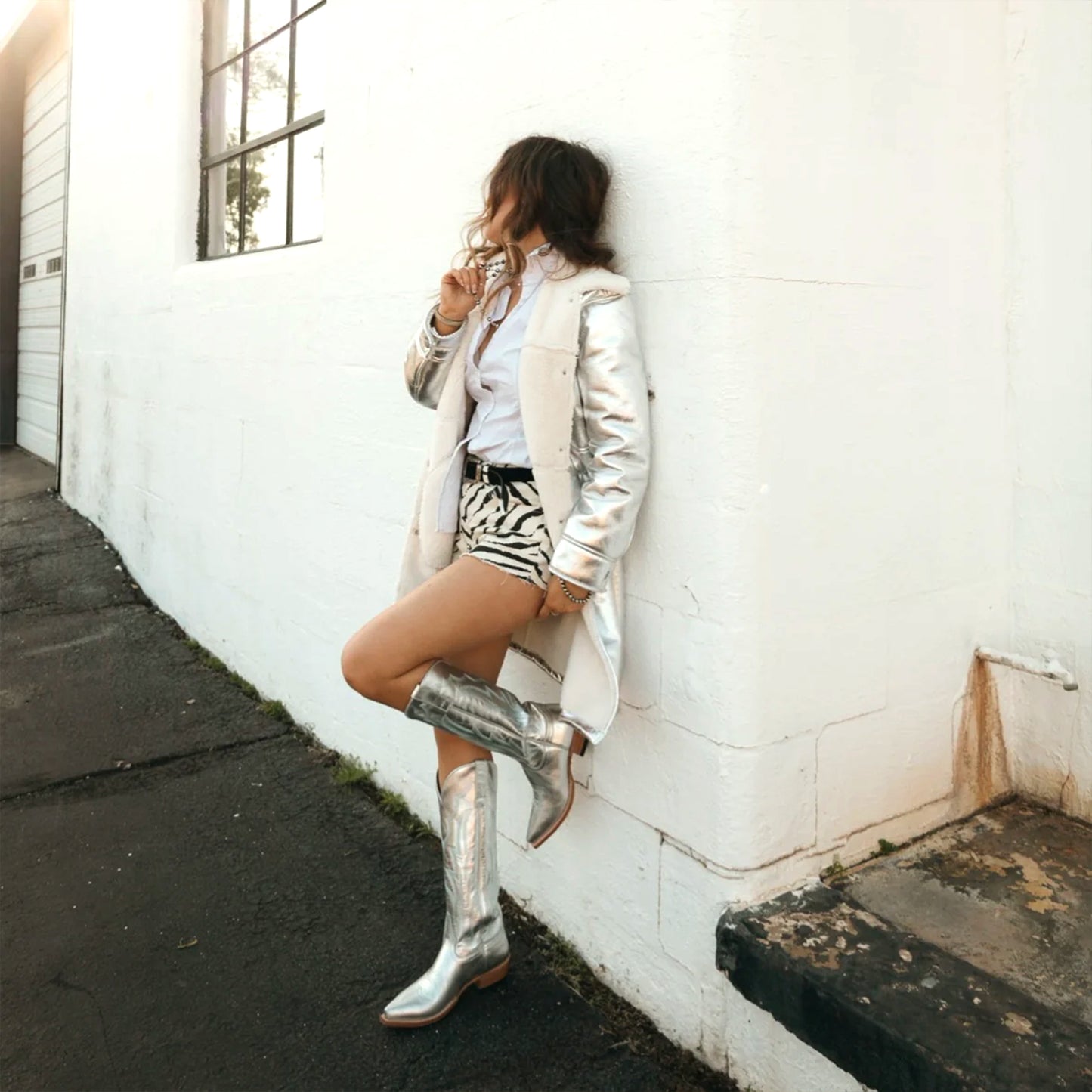 Metallic Silver Snip-Toe Embroidery Wide Calf Knee High Cowgirl Boots