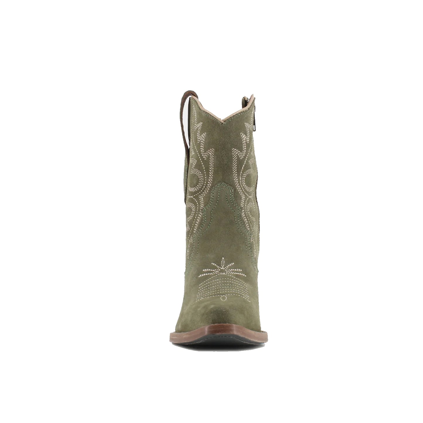 Olive Green Faux Suede Snip-Toe Embroidery Ankle Cowgirl Boots