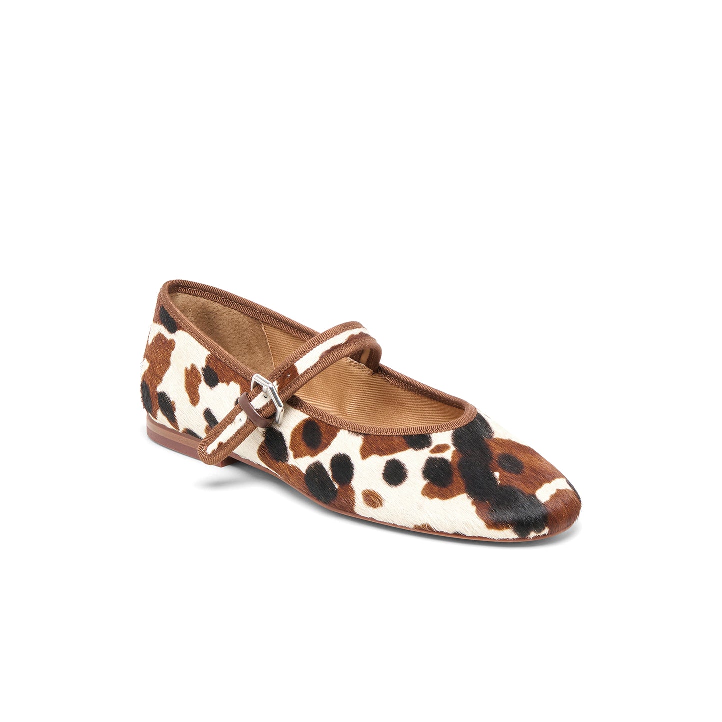 Cow Print Pony Hair Vegan Leather Round-Toe Bridge Strap Ballet Flats