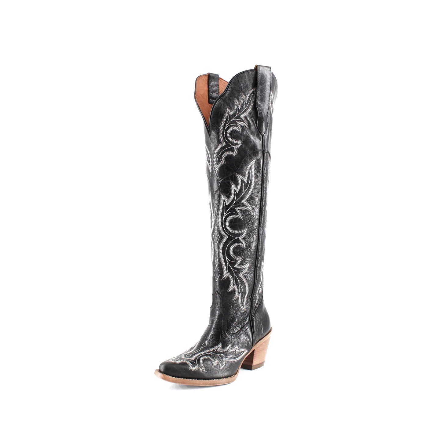 Black Snip-Toe Chic Embroidery Wide Calf Knee High Cowgirl Boots