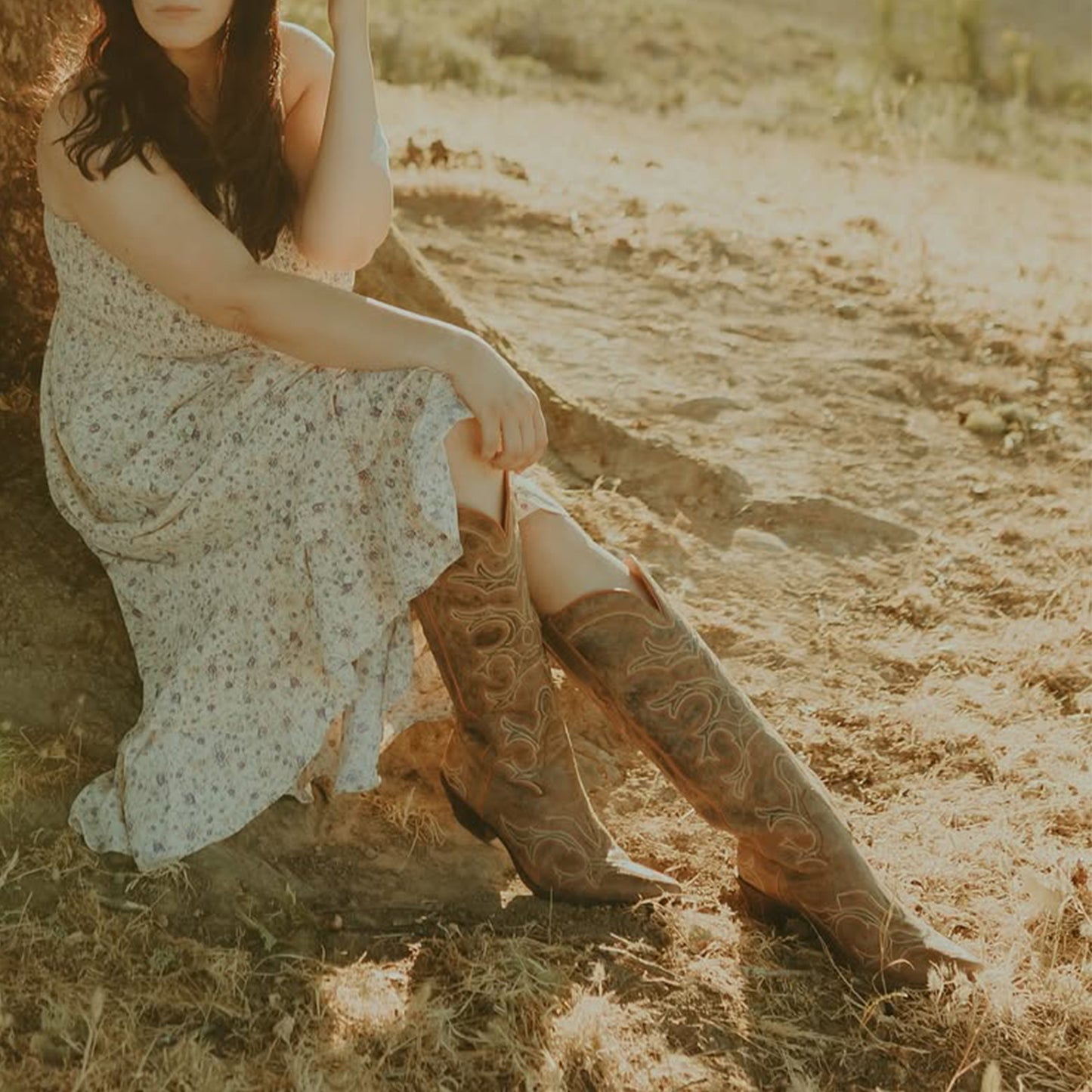 Distressed Brown Snip-Toe Wide Calf Embroidery Knee High Cowgirl Boots