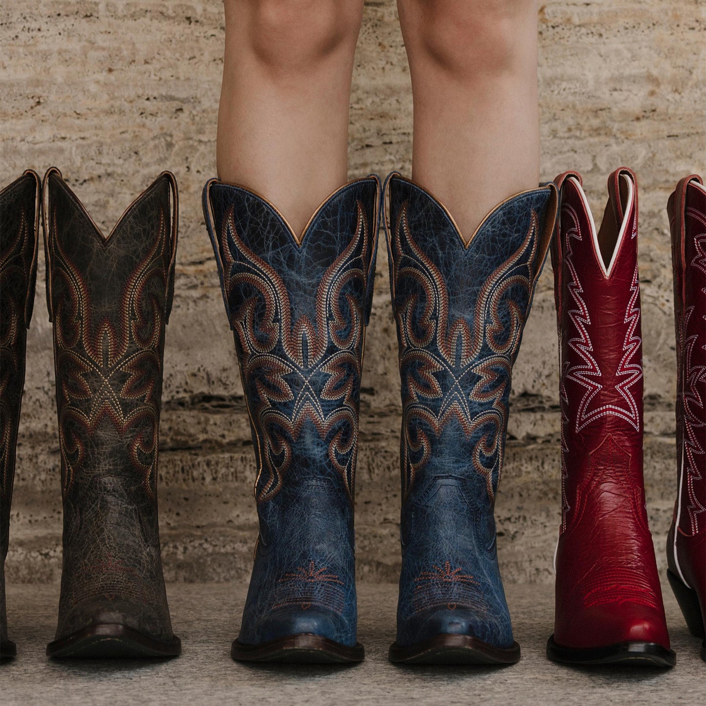 Distressed Dark Blue Snip-Toe Mid Calf Embroidery Cowgirl Boots