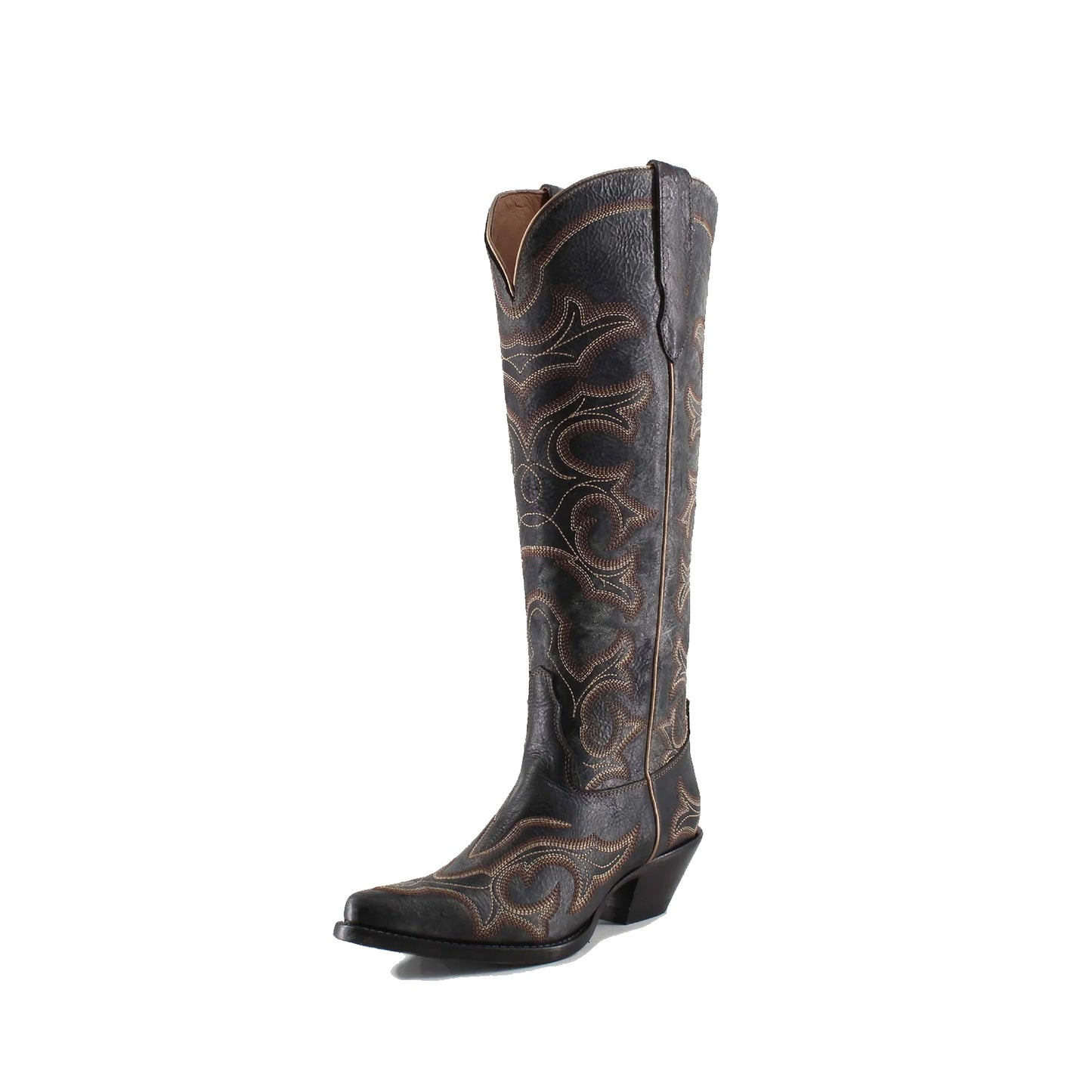 Distressed Black Snip-Toe Wide Calf Embroidery Knee High Cowgirl Boots