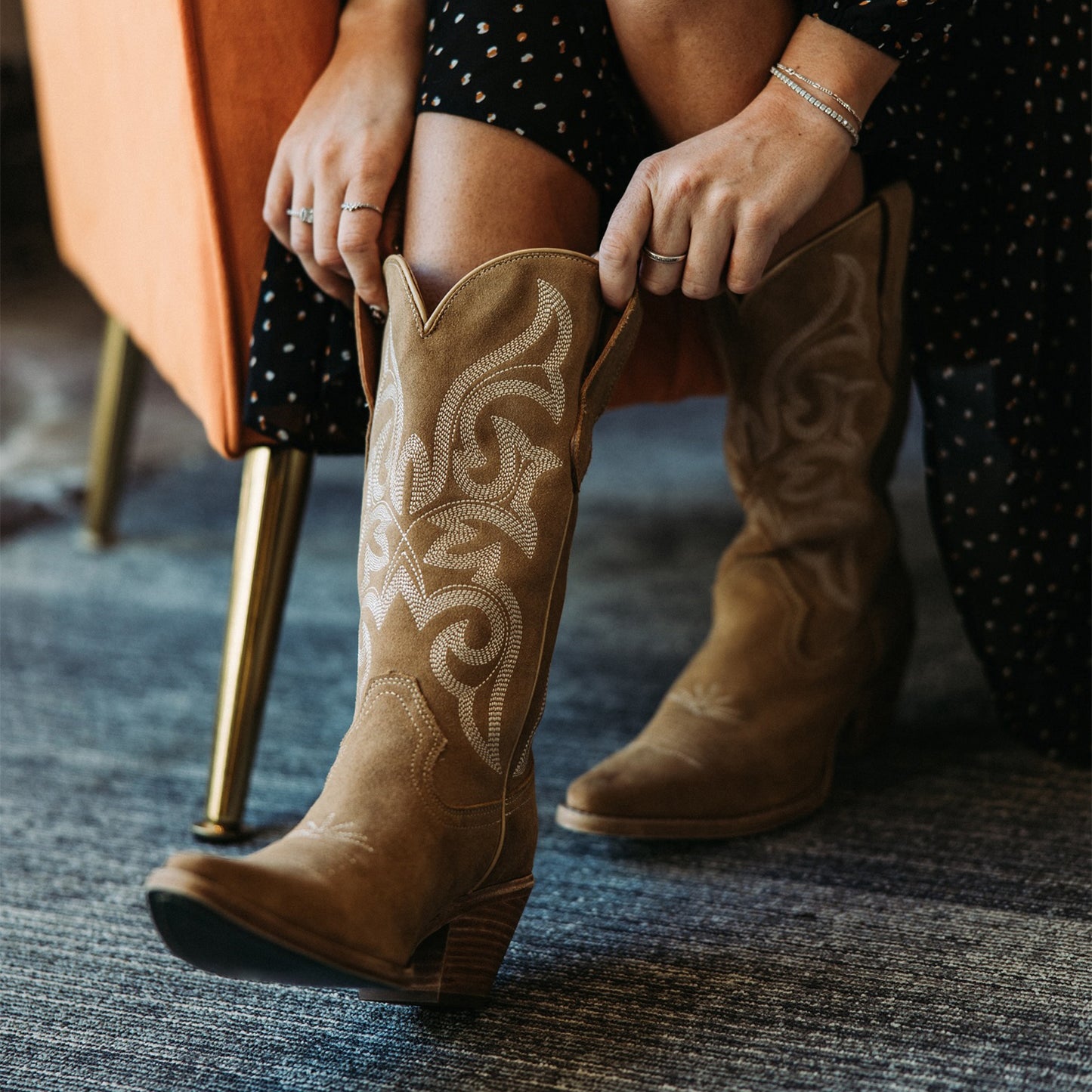 Sand Faux Suede Snip-Toe Mid Calf Embroidery Cowgirl Boots