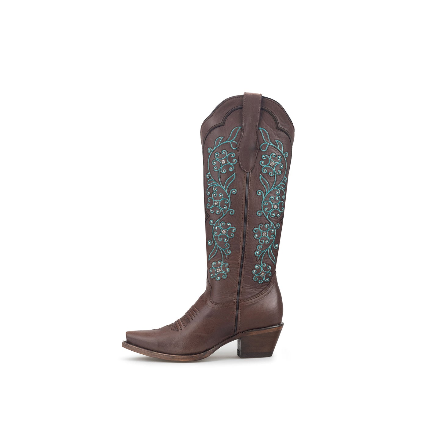 Brown Snip-Toe Embroidery Rhinestone Studs Half-Zip Knee High Cowgirl Boots