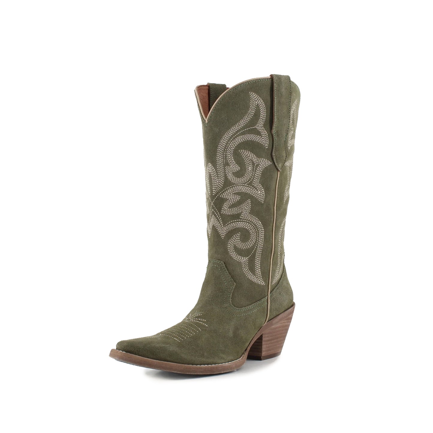 Green Faux Suede Snip-Toe Mid Calf Embroidery Cowgirl Boots