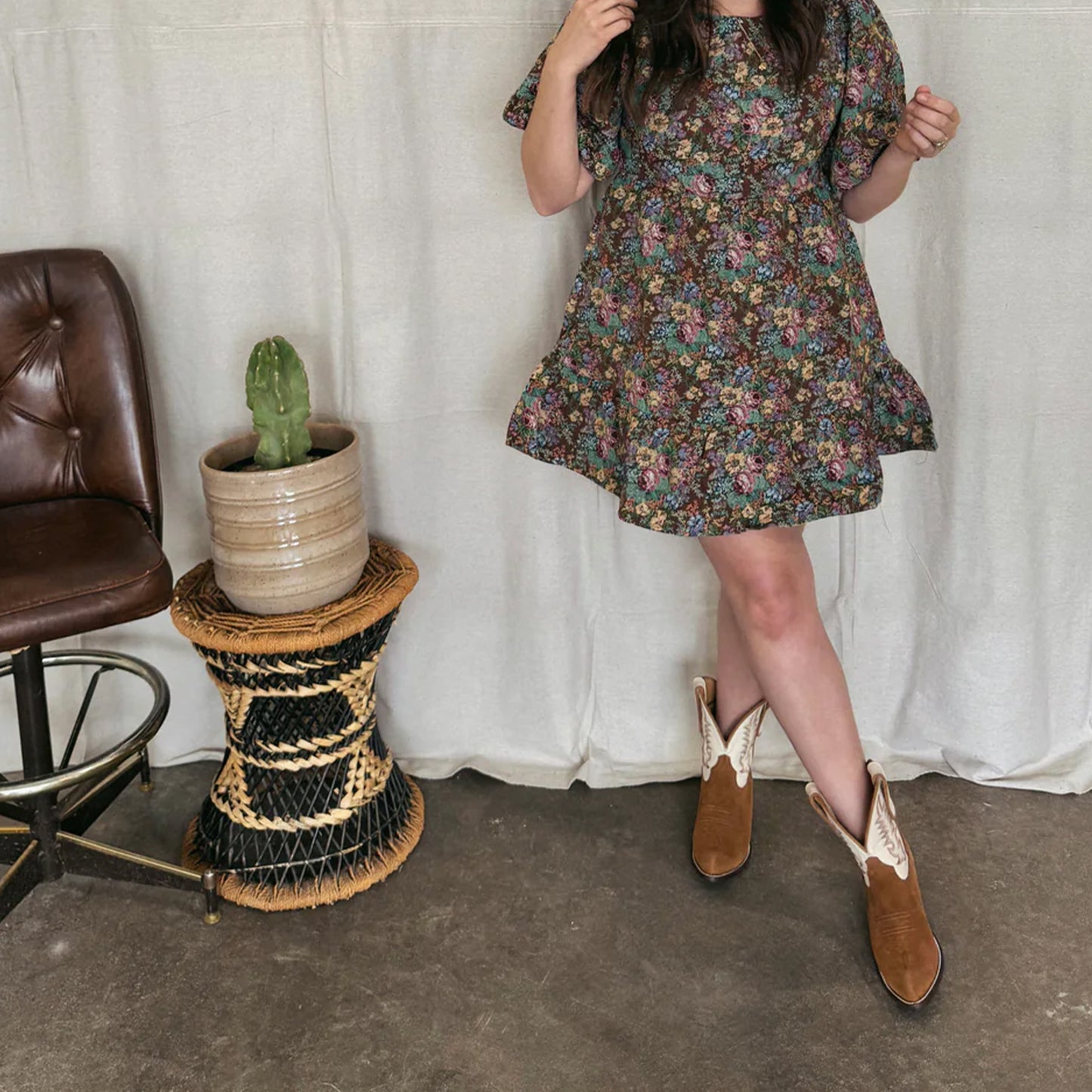 Contrast White And Brown Faux Suede Almond-Toe Embroidery Ankle Cowgirl Boots