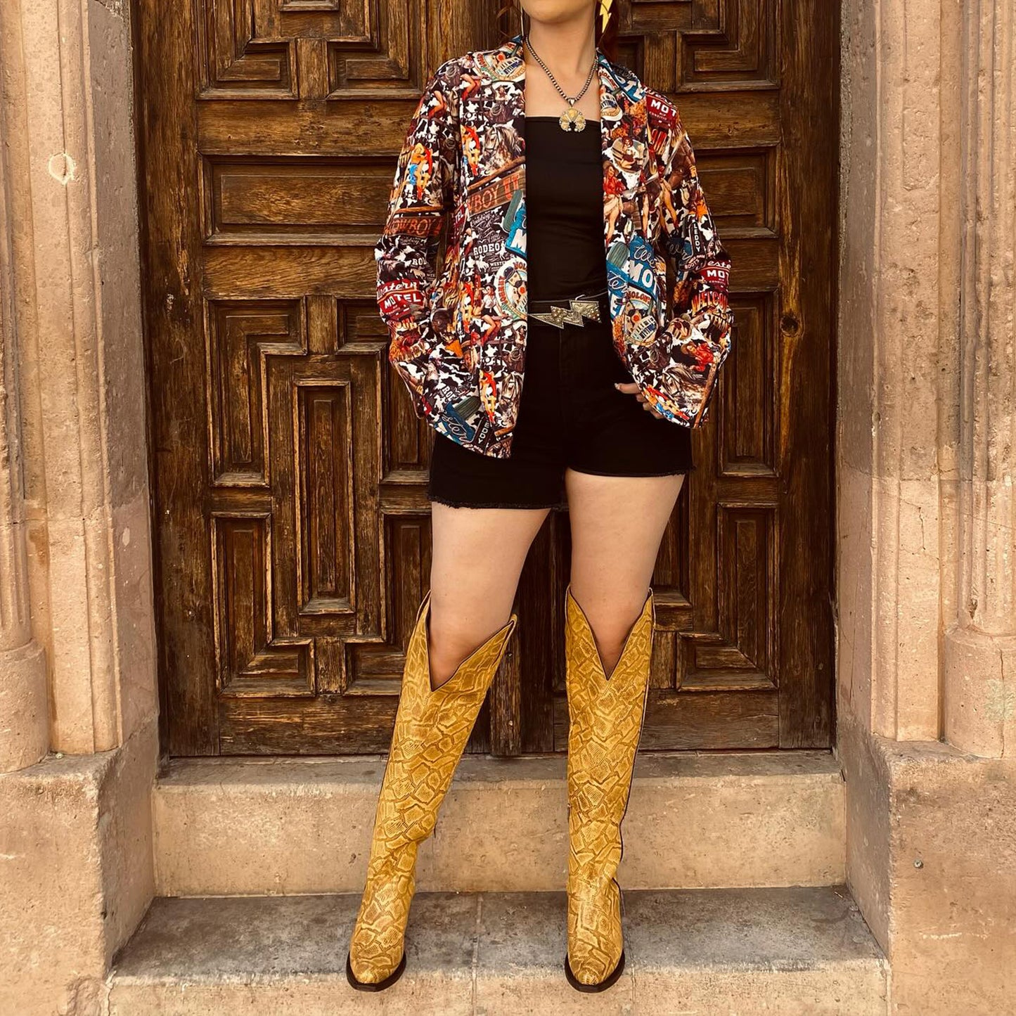 Yellow Snakeskin Snip-Toe Half-Zip Over-The-Knee Cowgirl Boots