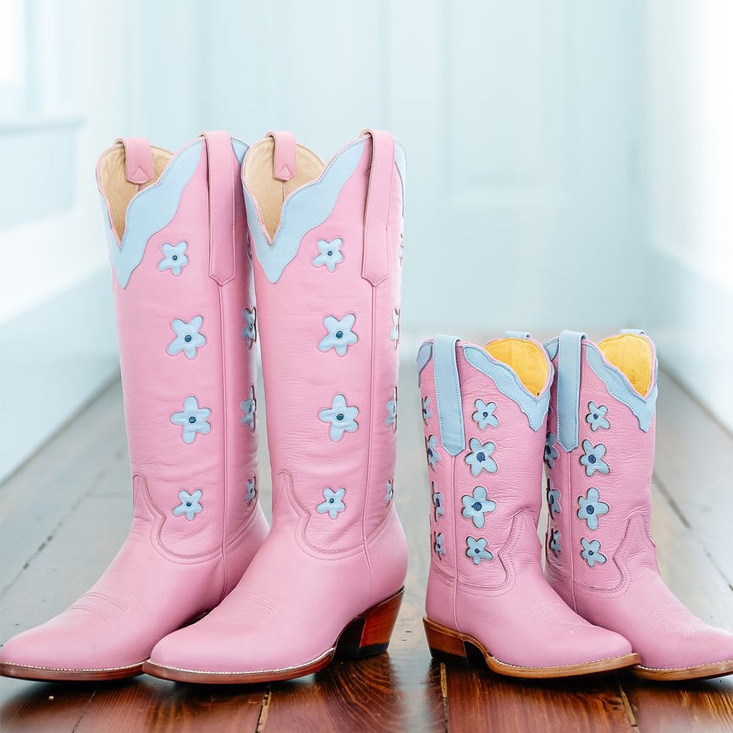 Pink Almond-Toe Powder Blue Flowers Inlay Wide Calf Knee High Cowgirl Boots