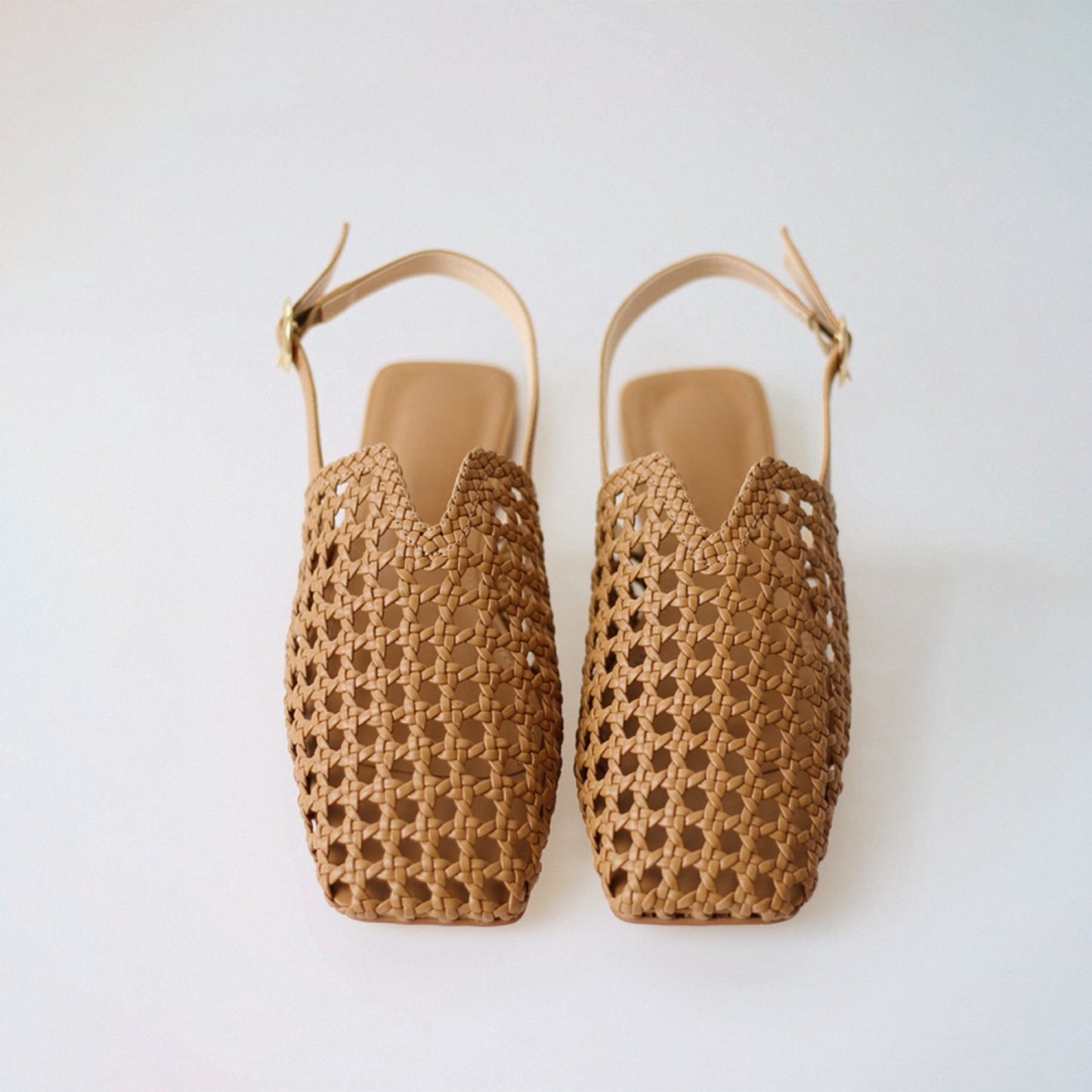 Ochre Woven Vegan Leather Square-Toe Buckle Slingback Flats