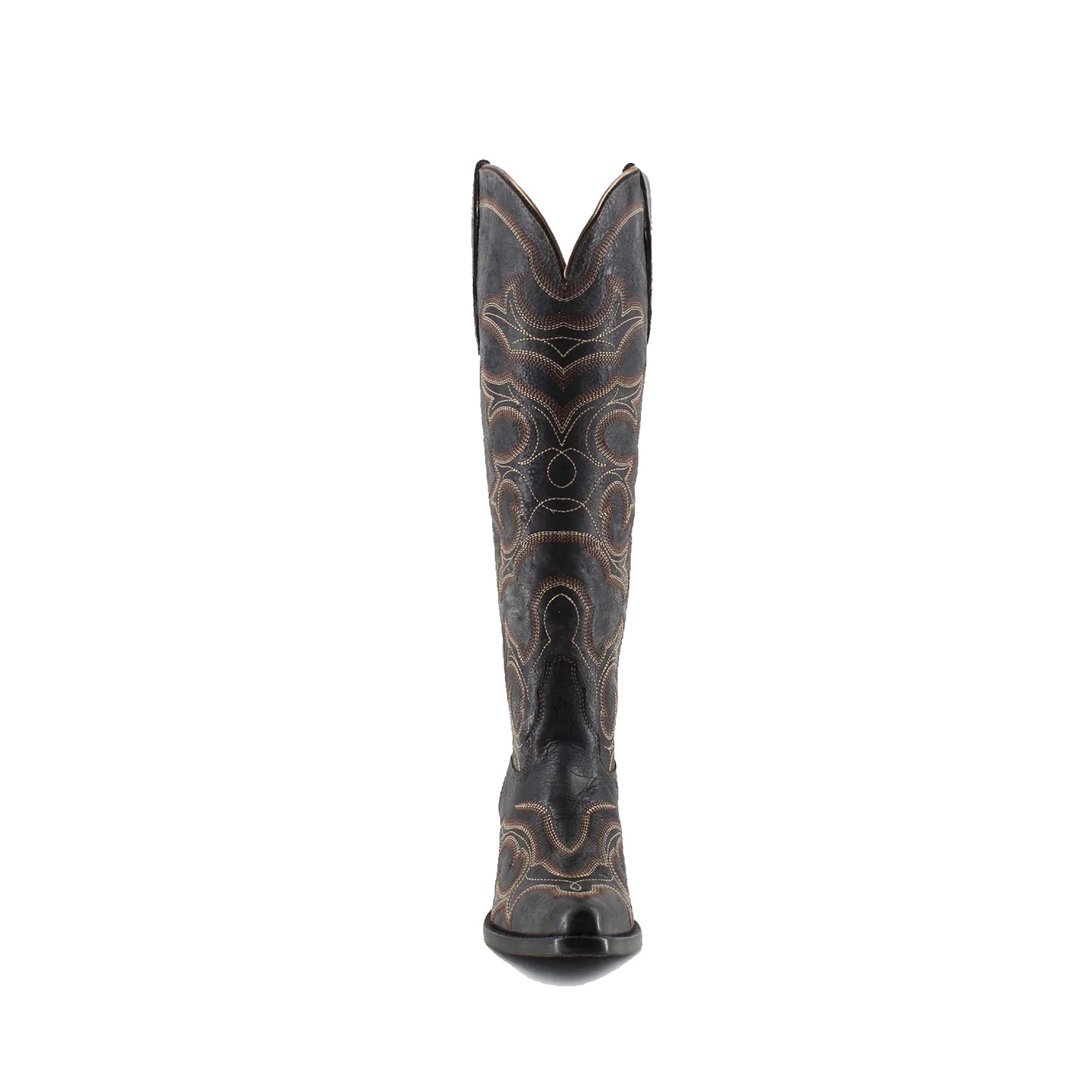 Distressed Black Snip-Toe Wide Calf Embroidery Knee High Cowgirl Boots