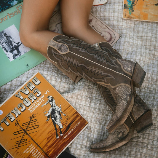 Contrast Brown and Snakeskin Snip-Toe Embroidery Wide Calf Knee High Cowgirl Boots