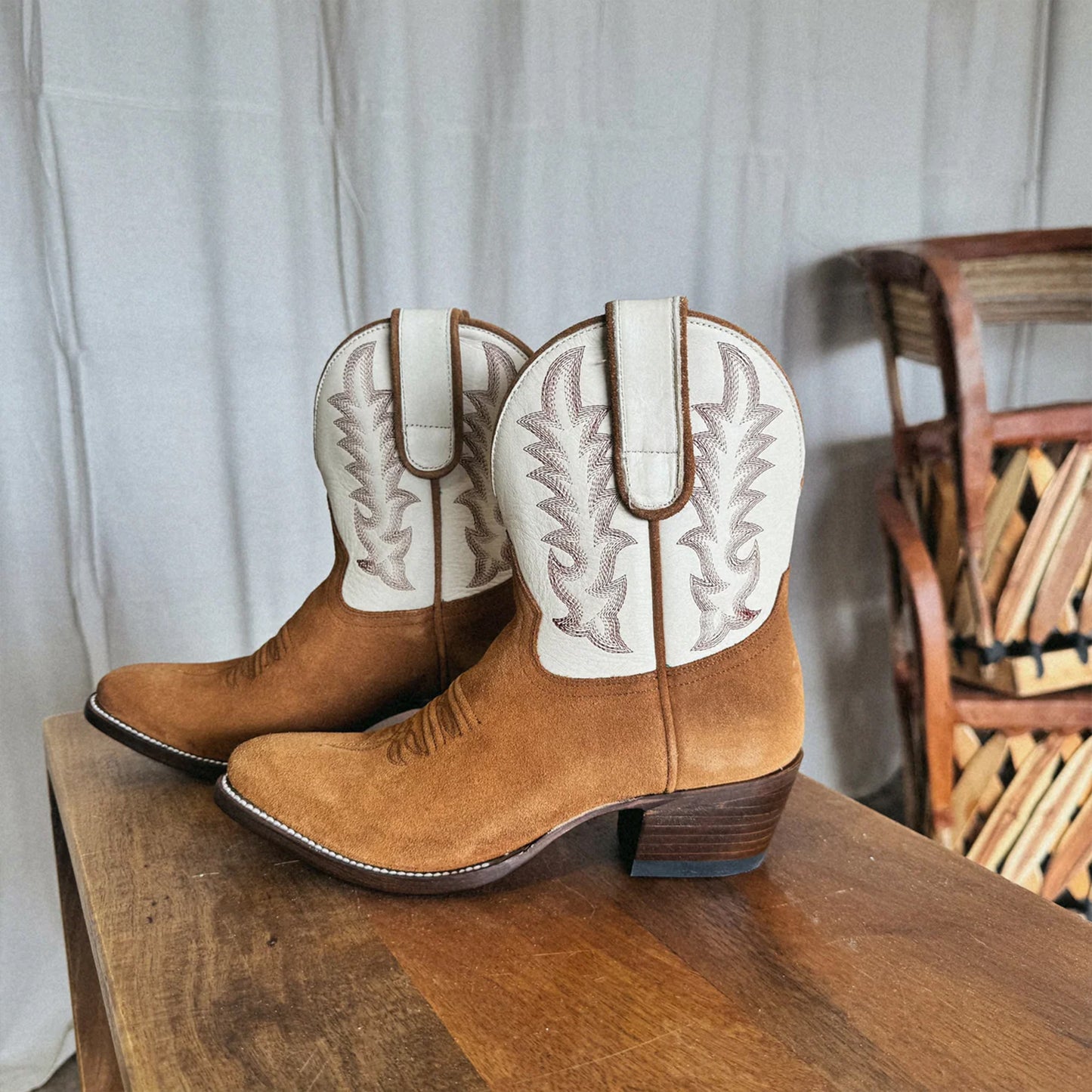 Contrast White And Brown Faux Suede Almond-Toe Embroidery Ankle Cowgirl Boots