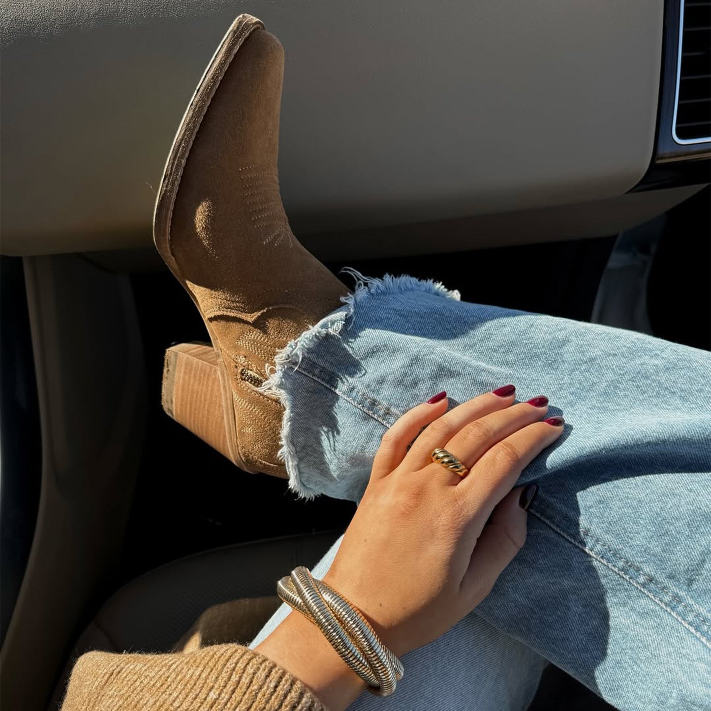 Brown Faux Suede Snip-Toe Embroidery Ankle Cowgirl Boots