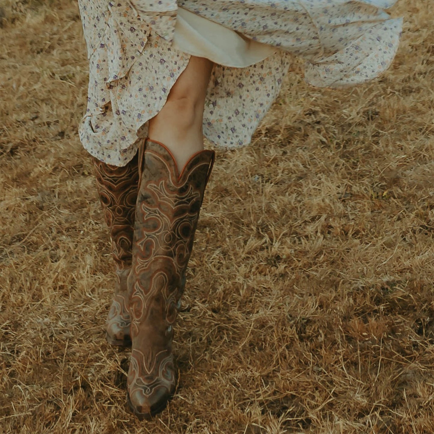 Distressed Brown Snip-Toe Wide Calf Embroidery Knee High Cowgirl Boots