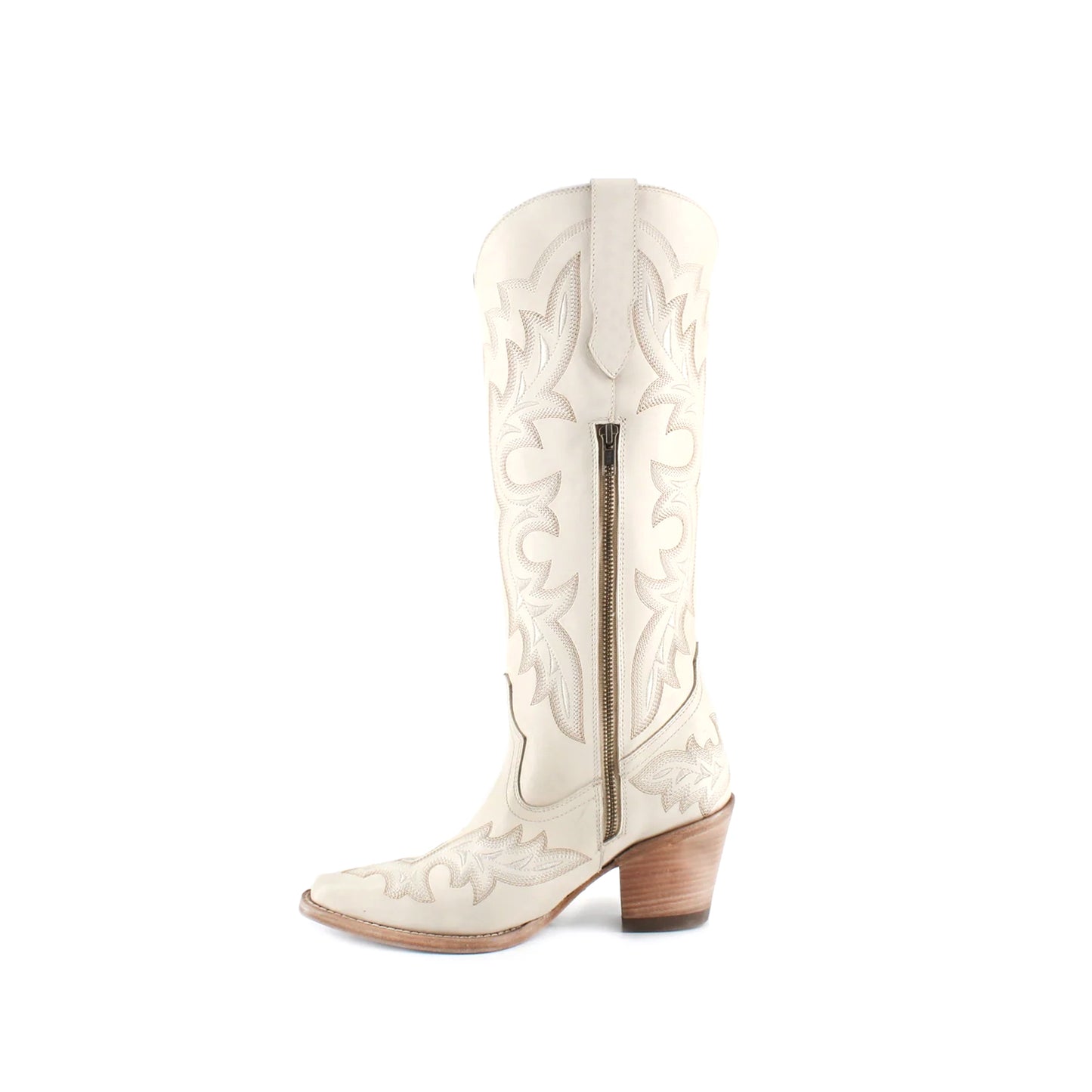 Ivory Snip-Toe Chic Embroidery Half-Zip Knee High Cowgirl Boots