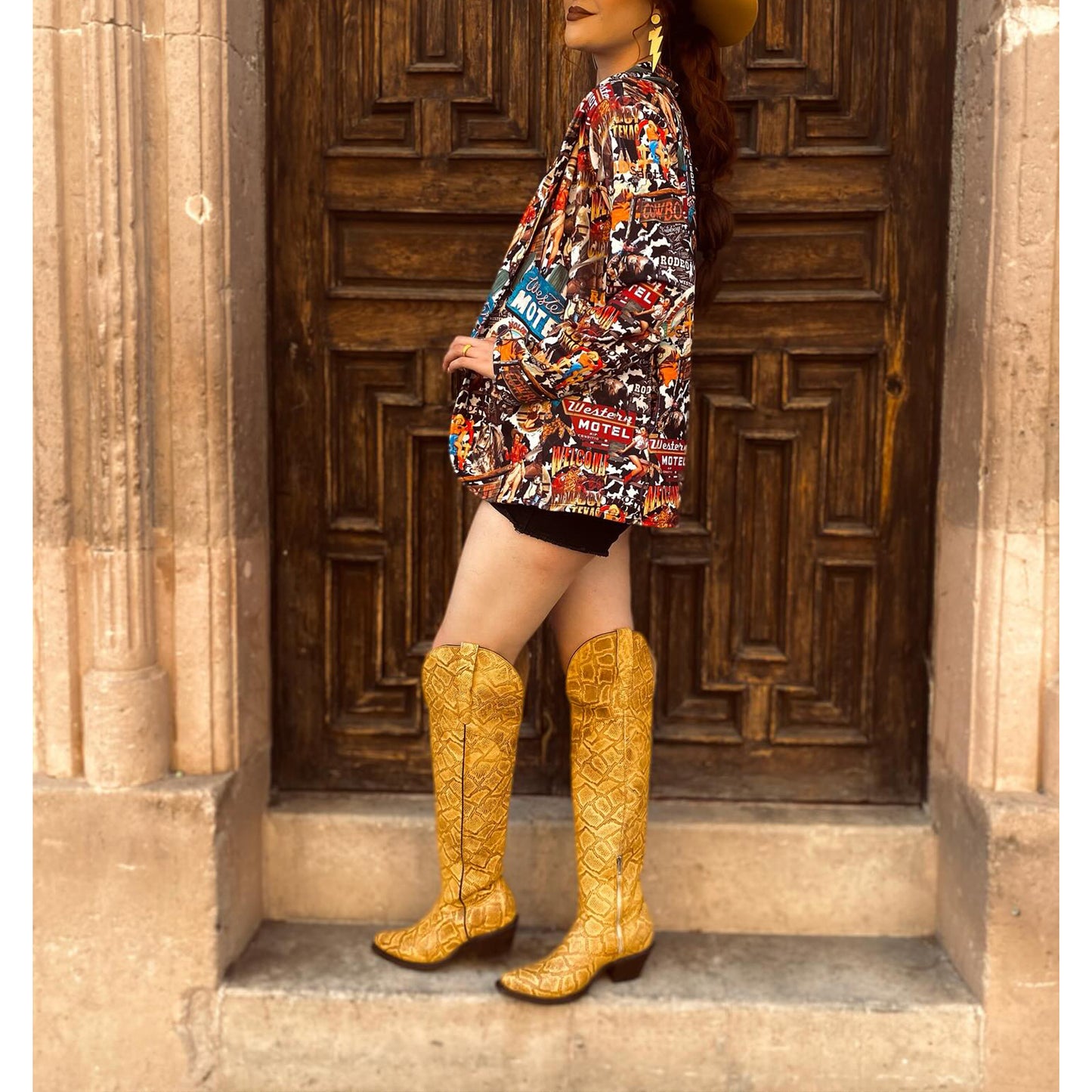 Yellow Snakeskin Snip-Toe Half-Zip Over-The-Knee Cowgirl Boots