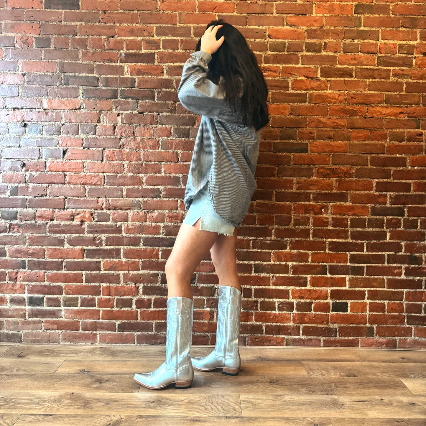 Metallic Silver Snip-Toe Embroidery Wide Calf Knee High Cowgirl Boots