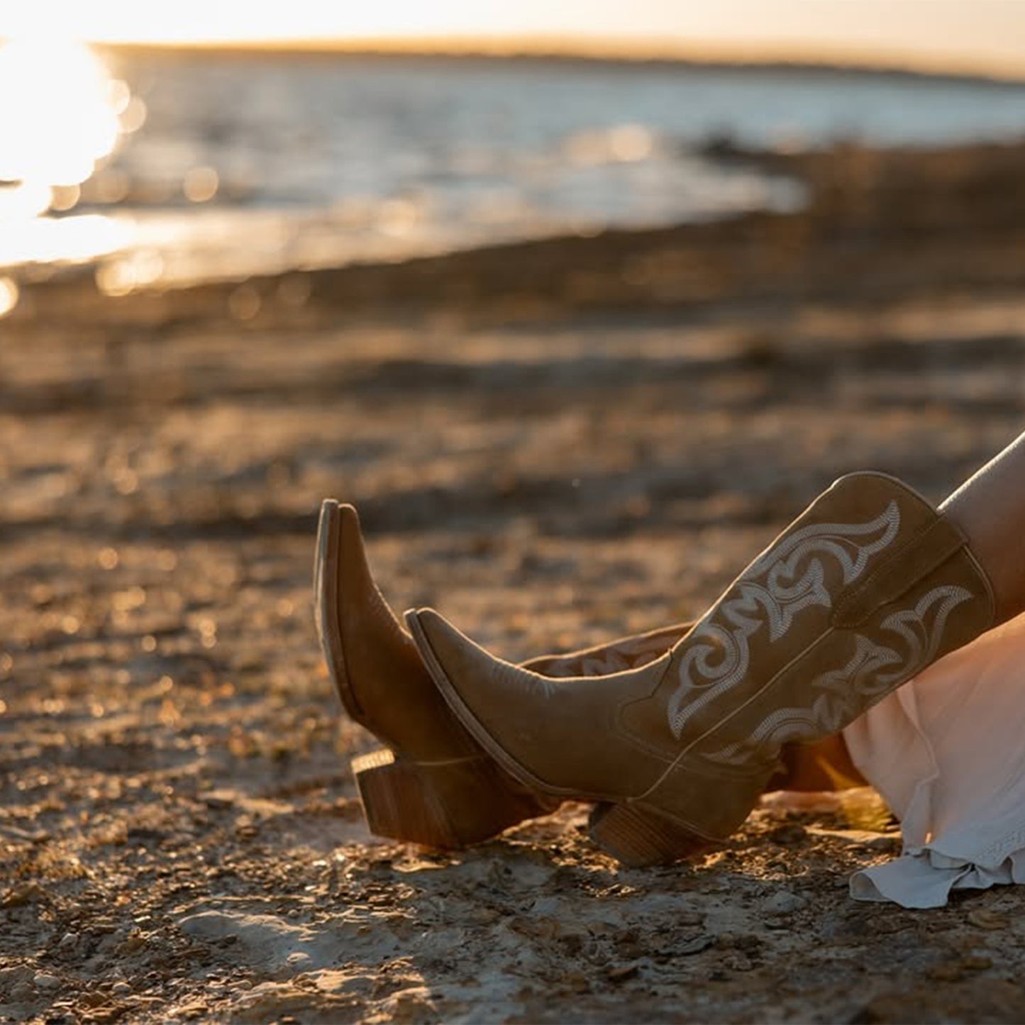 Sand Faux Suede Snip-Toe Mid Calf Embroidery Cowgirl Boots