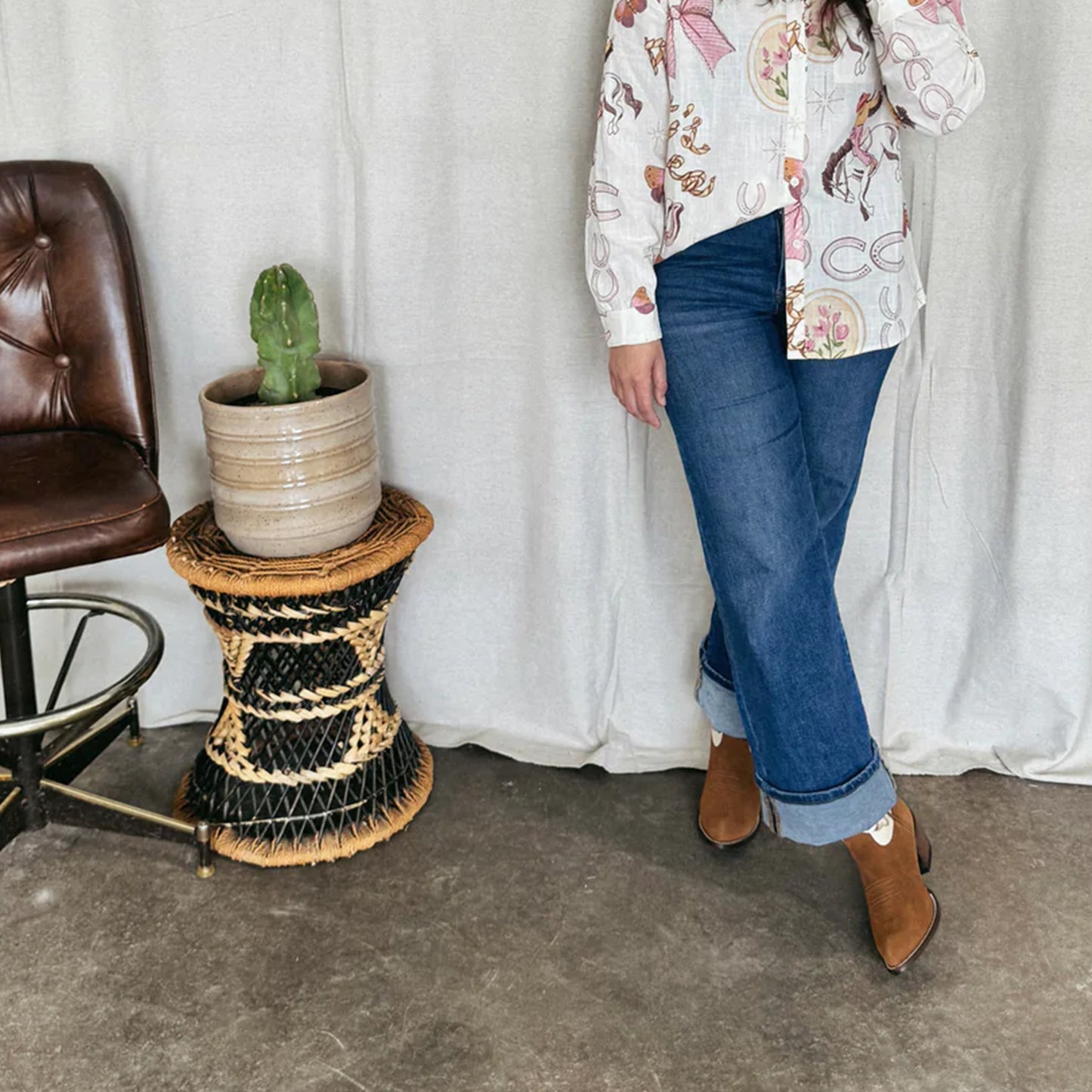 Contrast White And Brown Faux Suede Almond-Toe Embroidery Ankle Cowgirl Boots