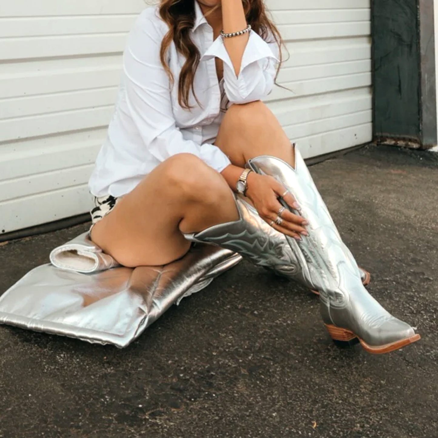 Metallic Silver Snip-Toe Embroidery Wide Calf Knee High Cowgirl Boots