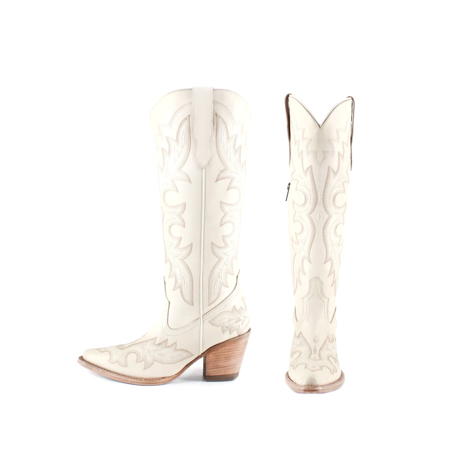 Ivory Snip-Toe Chic Embroidery Half-Zip Knee High Cowgirl Boots