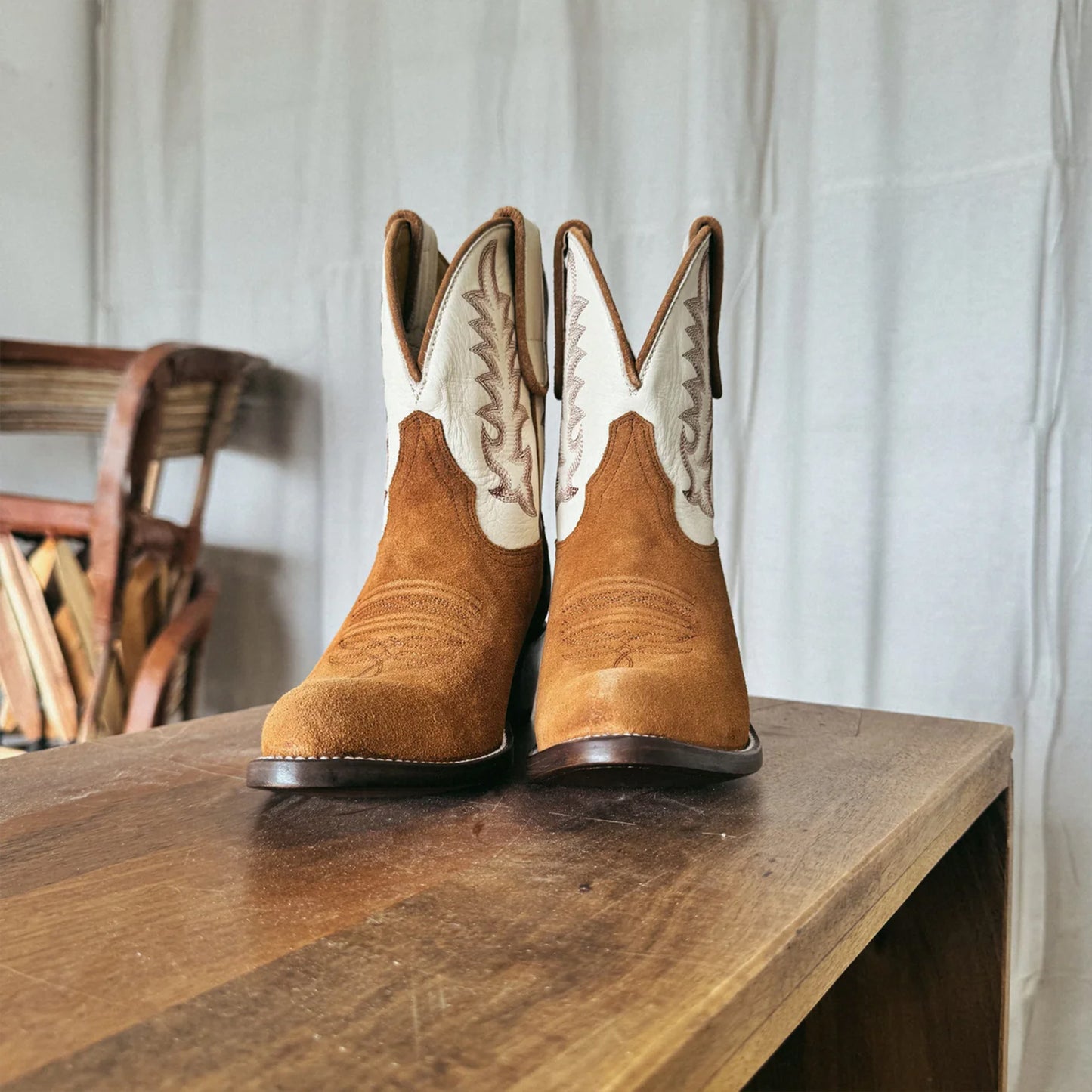 Contrast White And Brown Faux Suede Almond-Toe Embroidery Ankle Cowgirl Boots