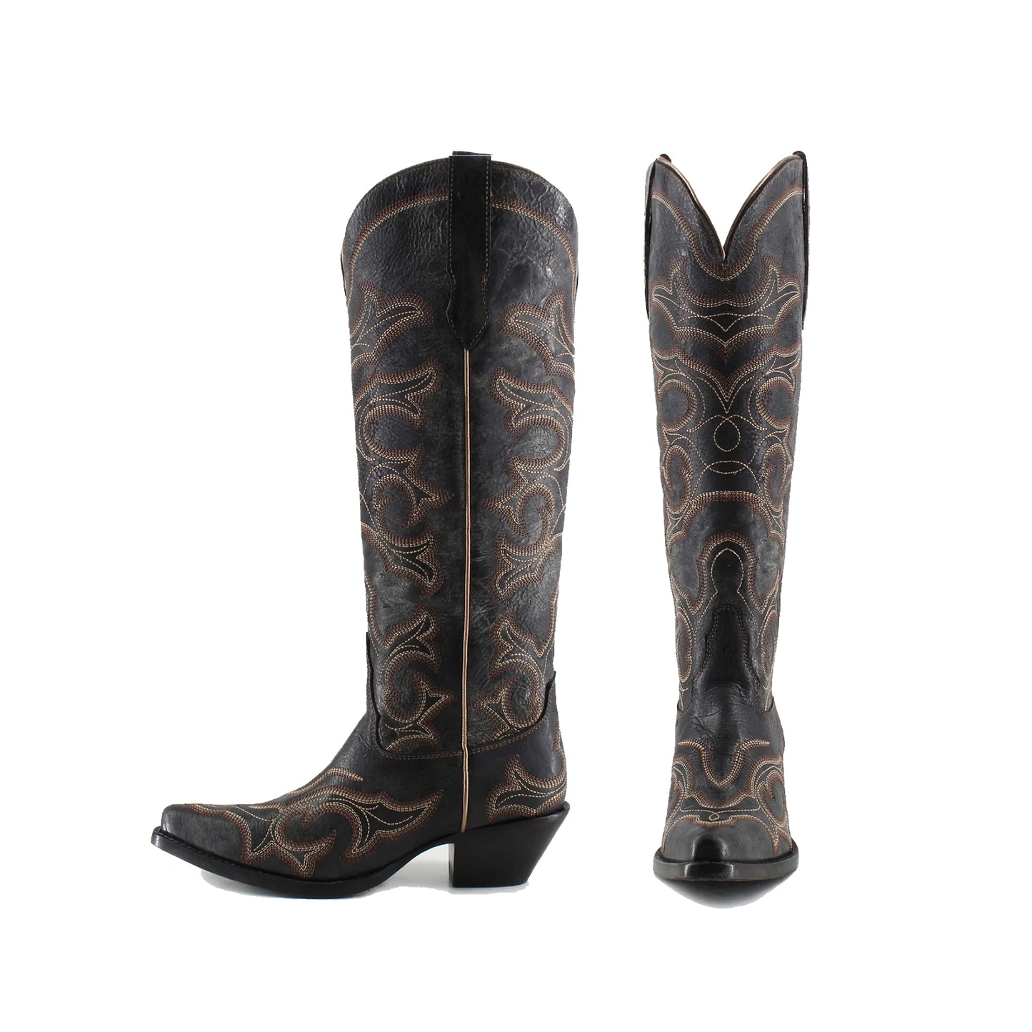 Distressed Black Snip-Toe Wide Calf Embroidery Knee High Cowgirl Boots