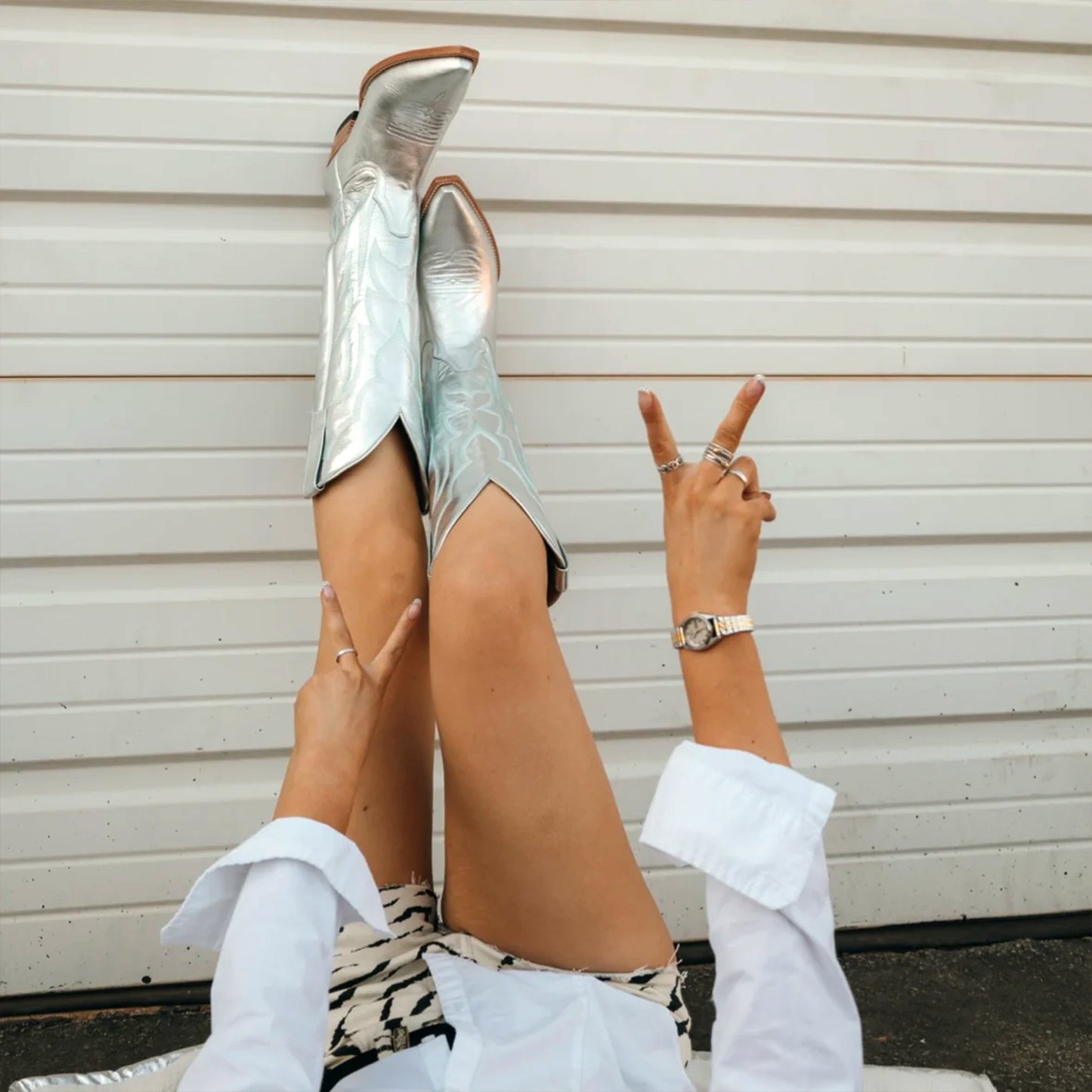 Metallic Silver Snip-Toe Embroidery Wide Calf Knee High Cowgirl Boots