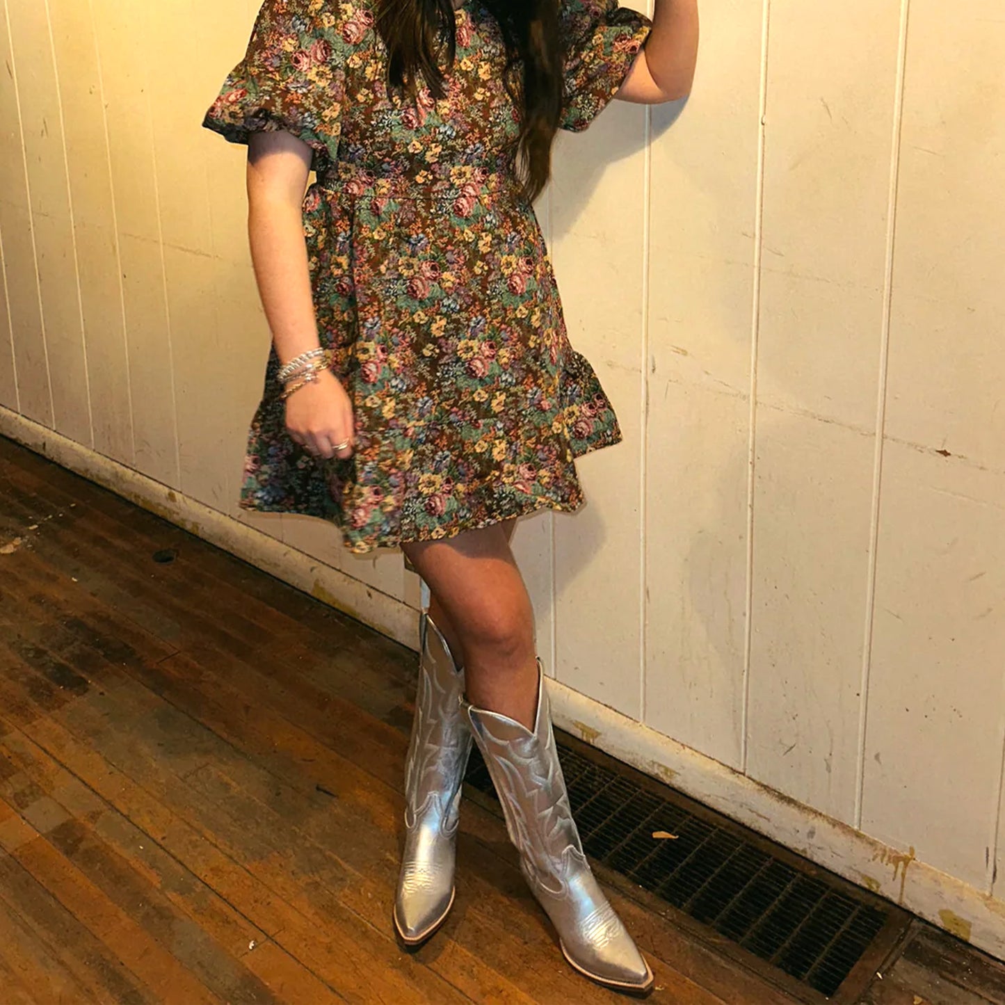 Metallic Silver Snip-Toe Embroidery Wide Calf Knee High Cowgirl Boots