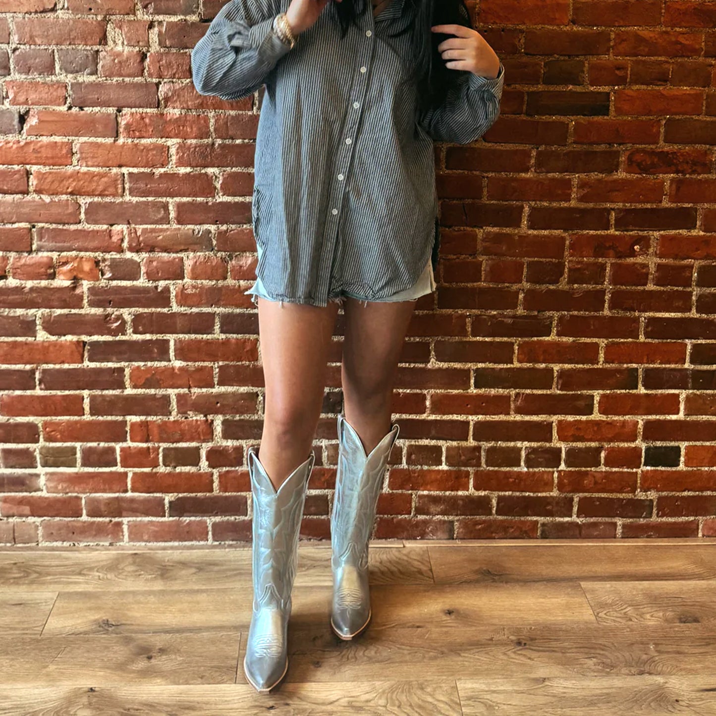 Metallic Silver Snip-Toe Embroidery Wide Calf Knee High Cowgirl Boots