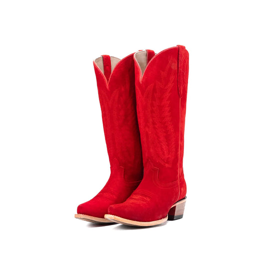 Red Faux Suede Snip-Toe Half-Zip Embroidery Mid Calf Cowgirl Boots