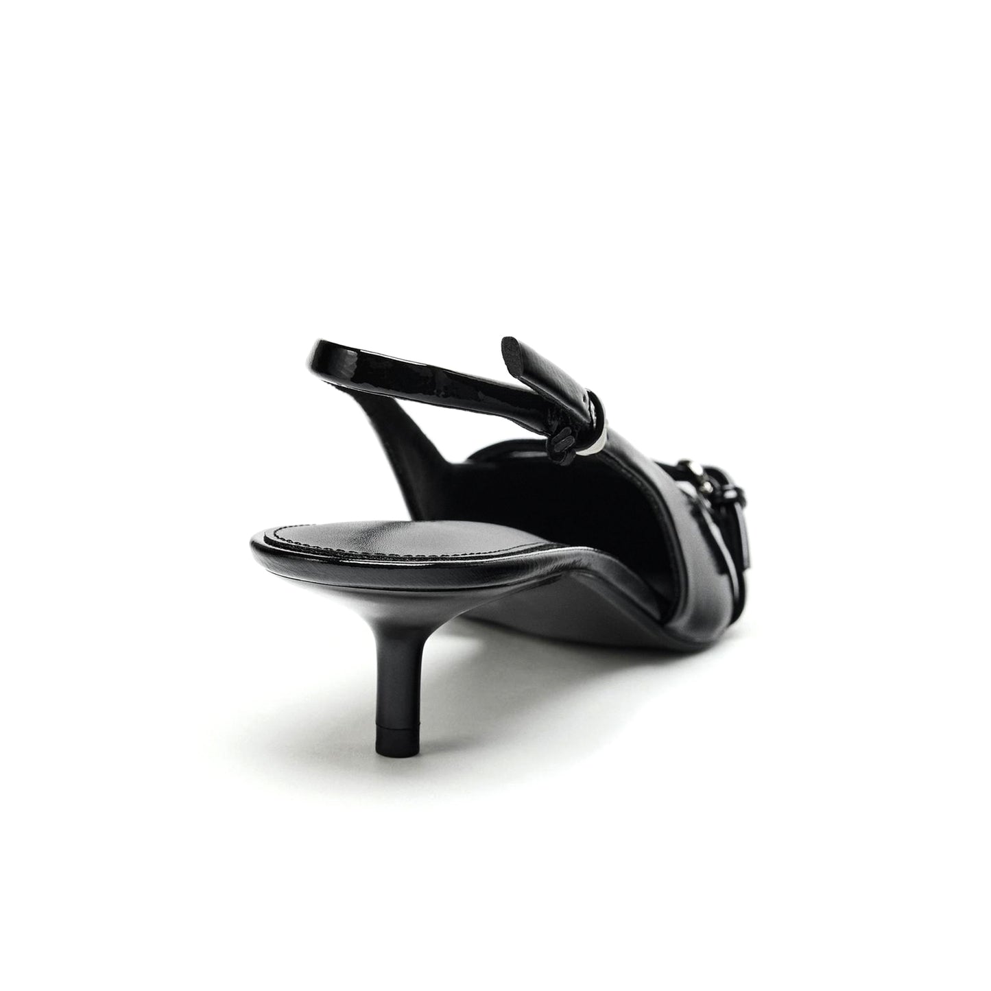 Patent Black Pointed-Toe Front Strap Slingback Kitten Heels