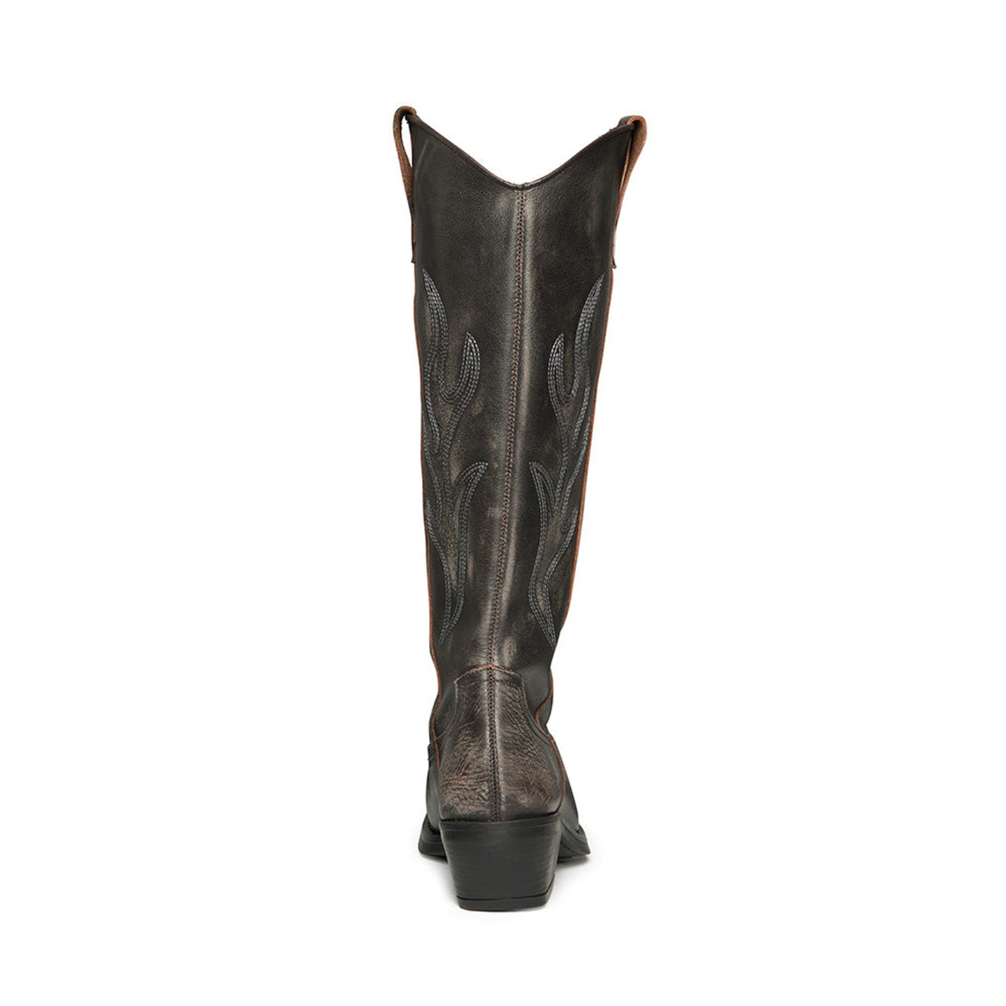Dark Brown Snip-Toe Flame Embroidery Wide Calf Knee High Cowgirl Boots