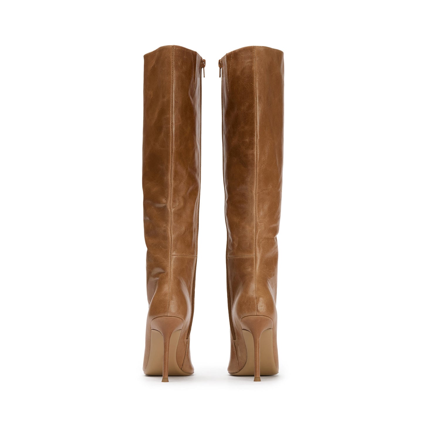Vintage Tan Pointed-Toe Full-Zip Sleek Knee High Stiletto Boots