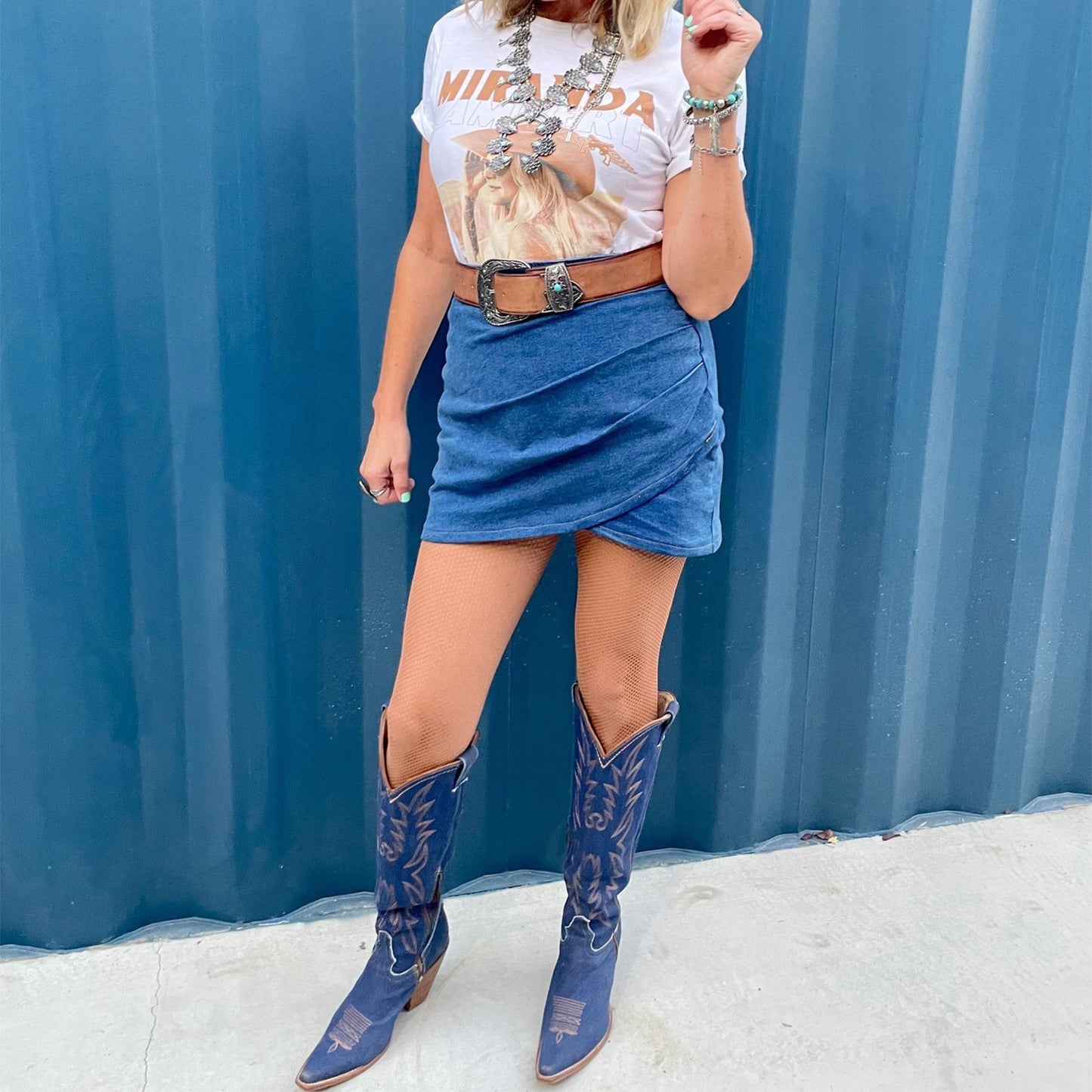 Blue Denim Snip-Toe Half-Zip Embroidery Knee High Cowgirl Boots