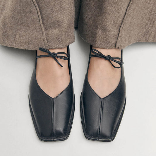 Black Square-Toe V-Cut Vamps Bridge Self-Tie Bow Ballet Flats