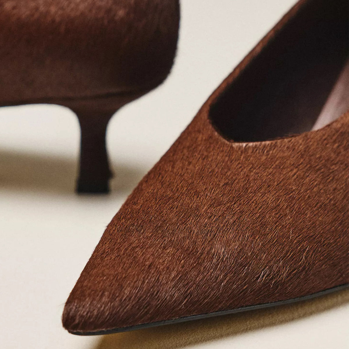 Brown Pony Hair Vegan Leather Pointed-Toe Slip-On Chic Kitten Heels