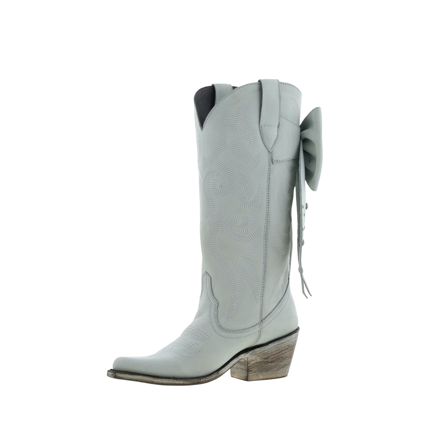 Gray Pointed-Toe Embroidery Back Studded Bow Mid Calf Cowgirl Boots