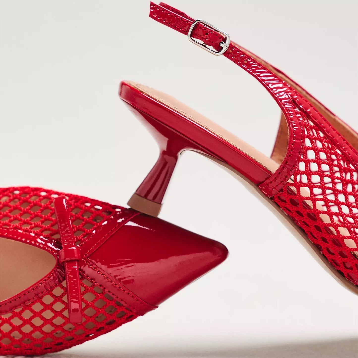 Red Mesh Patent Pointed-Toe Front Bow Slingback Kitten Heels