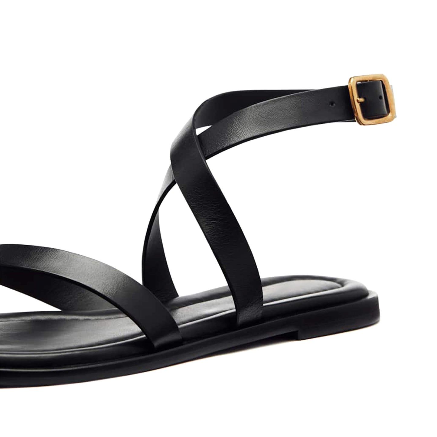 Black Round-Toe Front And Ankle Strap Sandals Flats