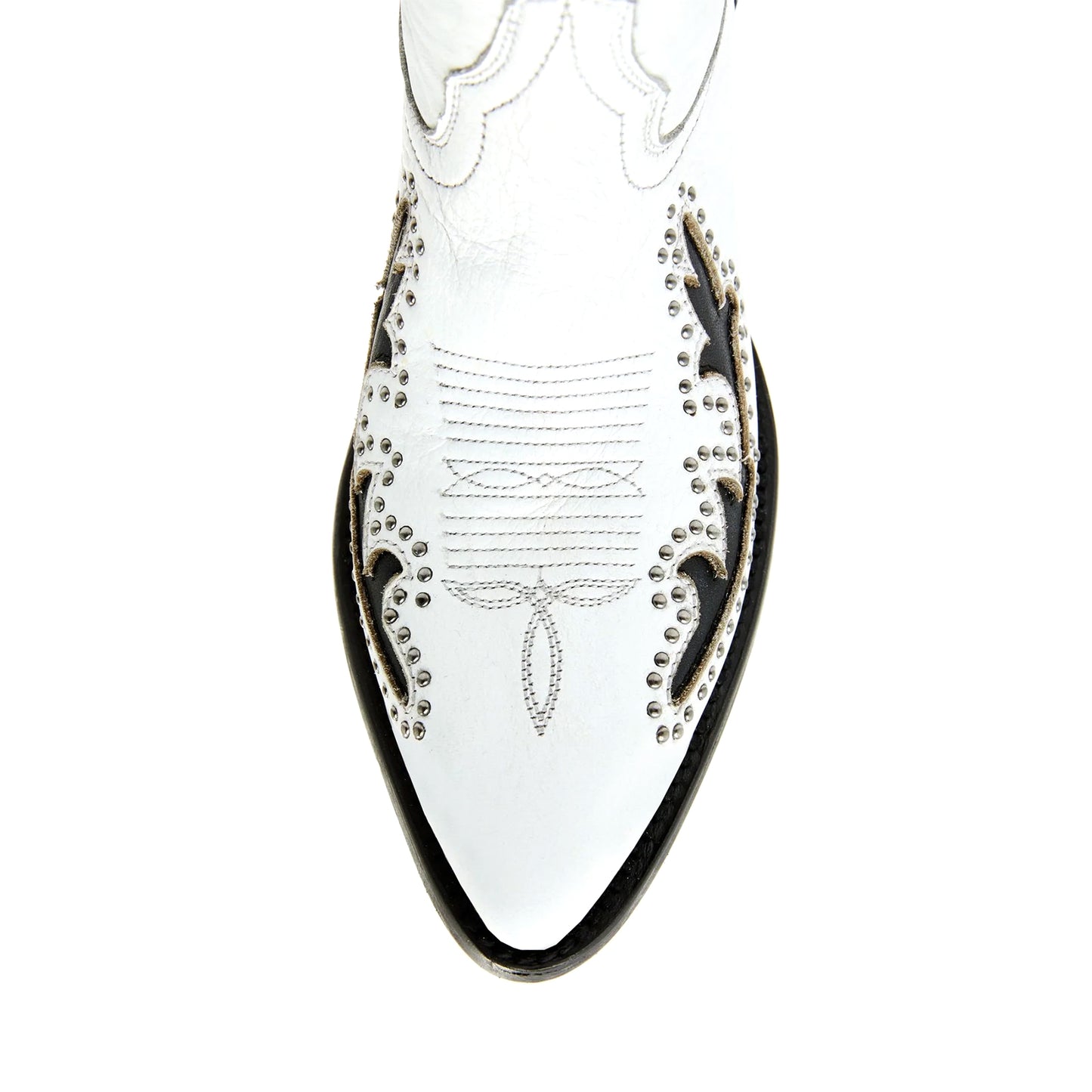 White Almond-Toe Black Inlay Studded Ankle Cowgirl Boots