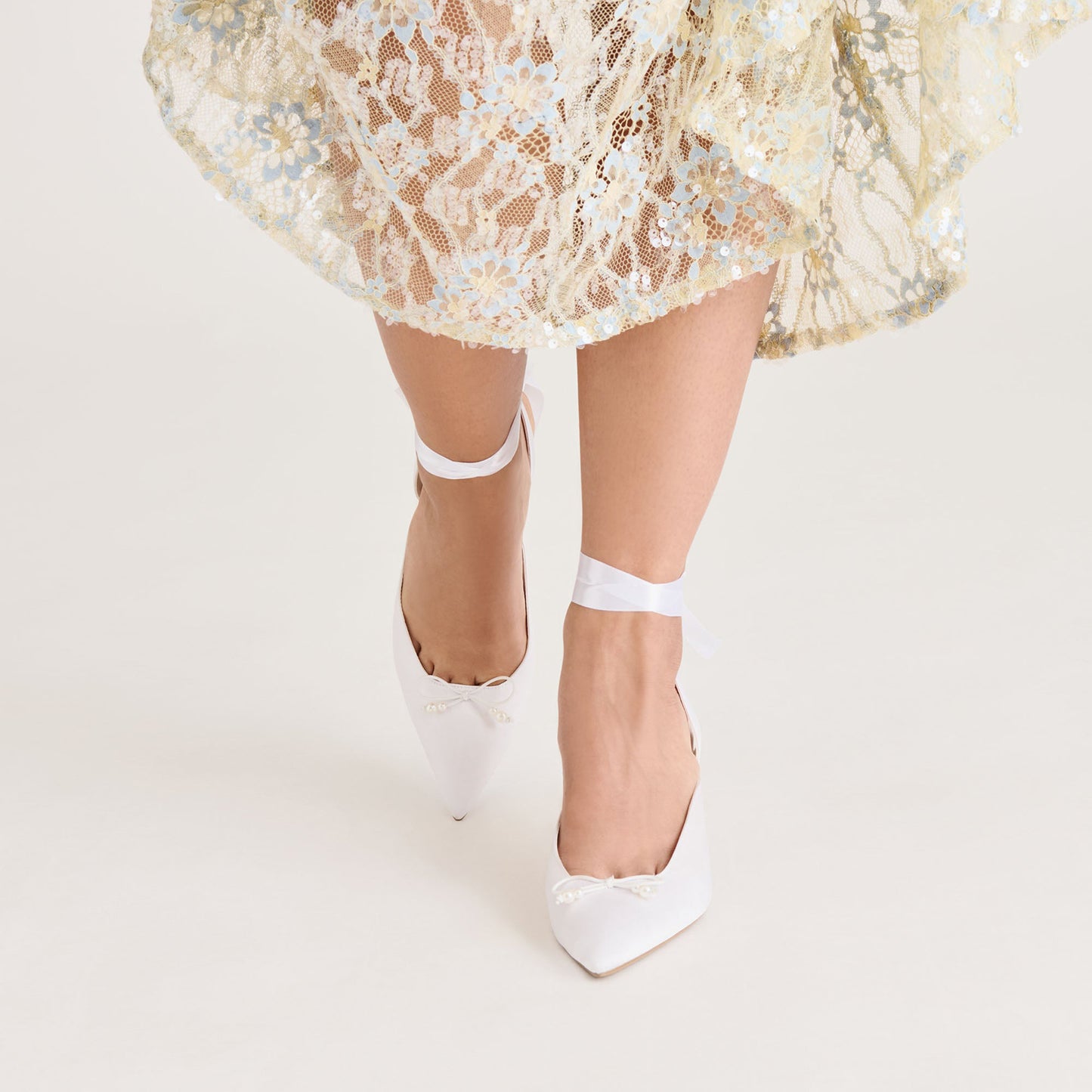 White Satin Pointed-Toe Pearl Front Bow Slingback Ankle Strap Kitten Heels