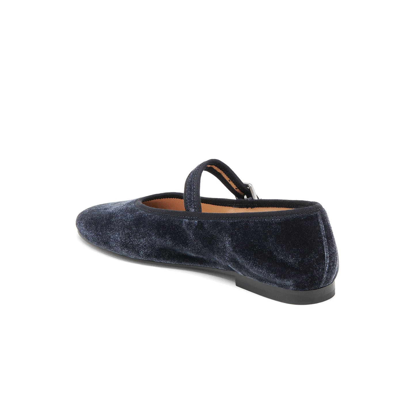 Dark Blue Velvet Round-Toe Vegan Leather Bridge Strap Ballet Flats