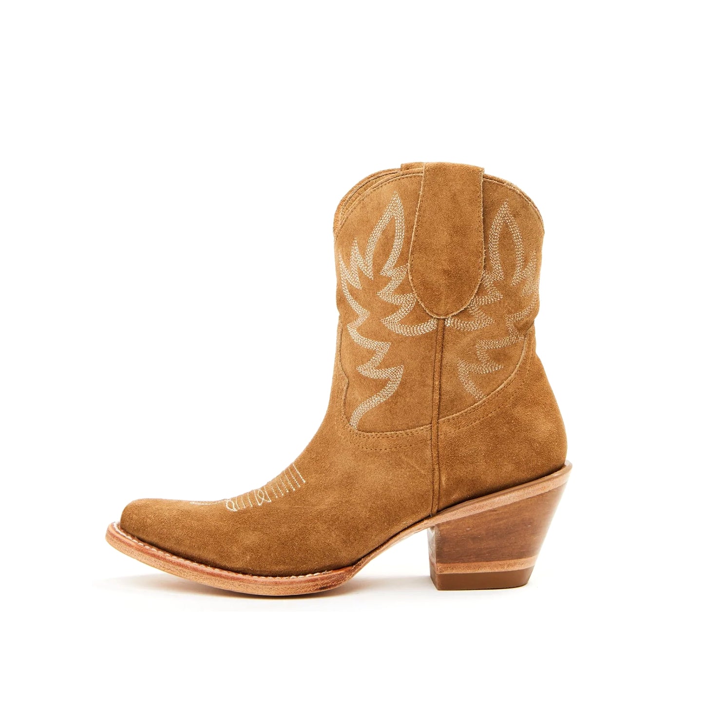 Tan Faux Suede Almond-Toe Embroidery Ankle Cowgirl Boots