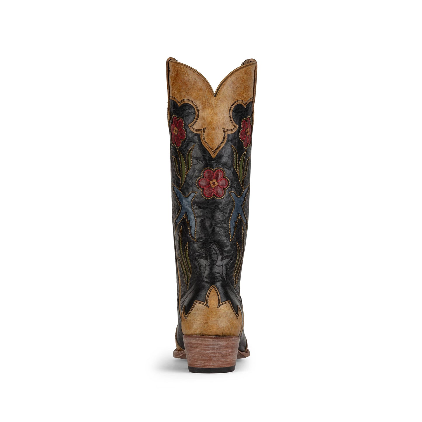 Contrast Black And Brown Snip-Toe Birds Flowers Inlays Mid Calf Cowgirl Boots