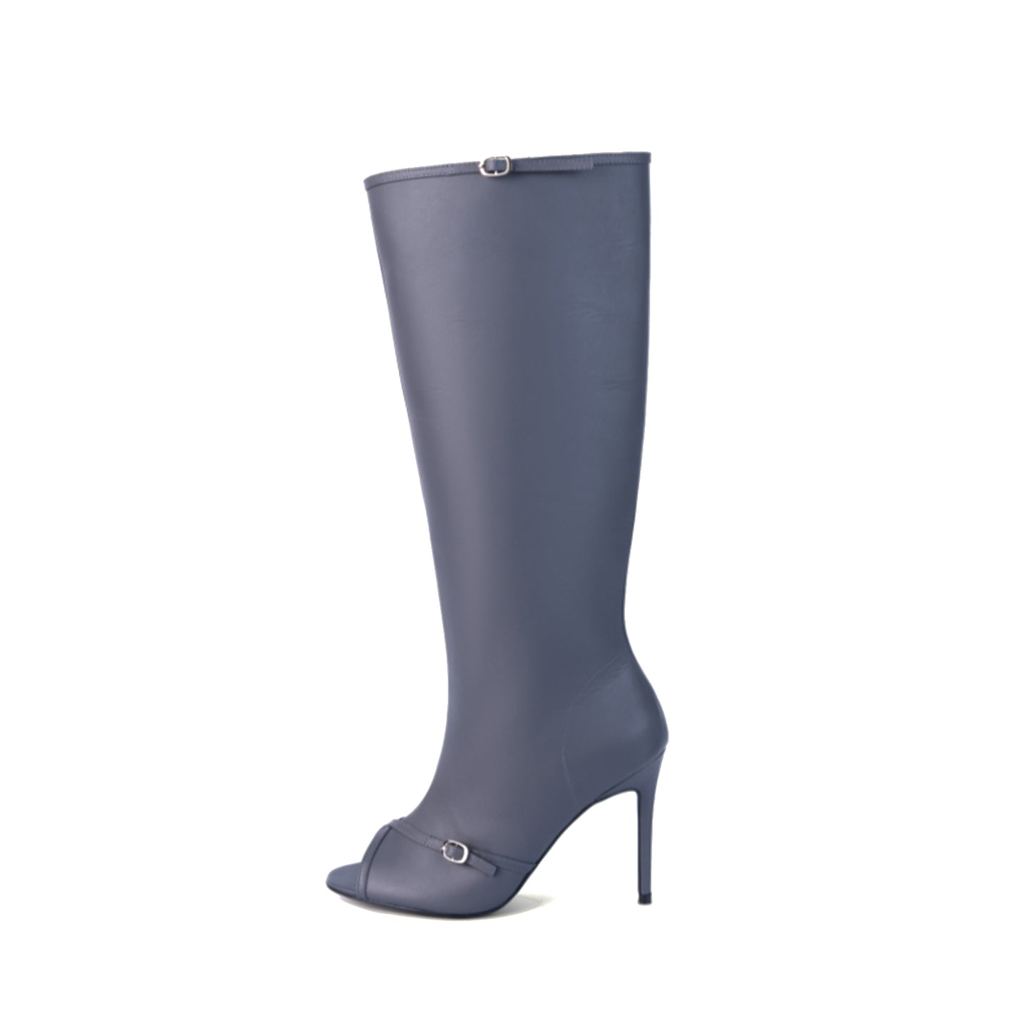 Dark Gray Peep Round-Toe Sleek Wide Calf Knee High Stiletto Boots