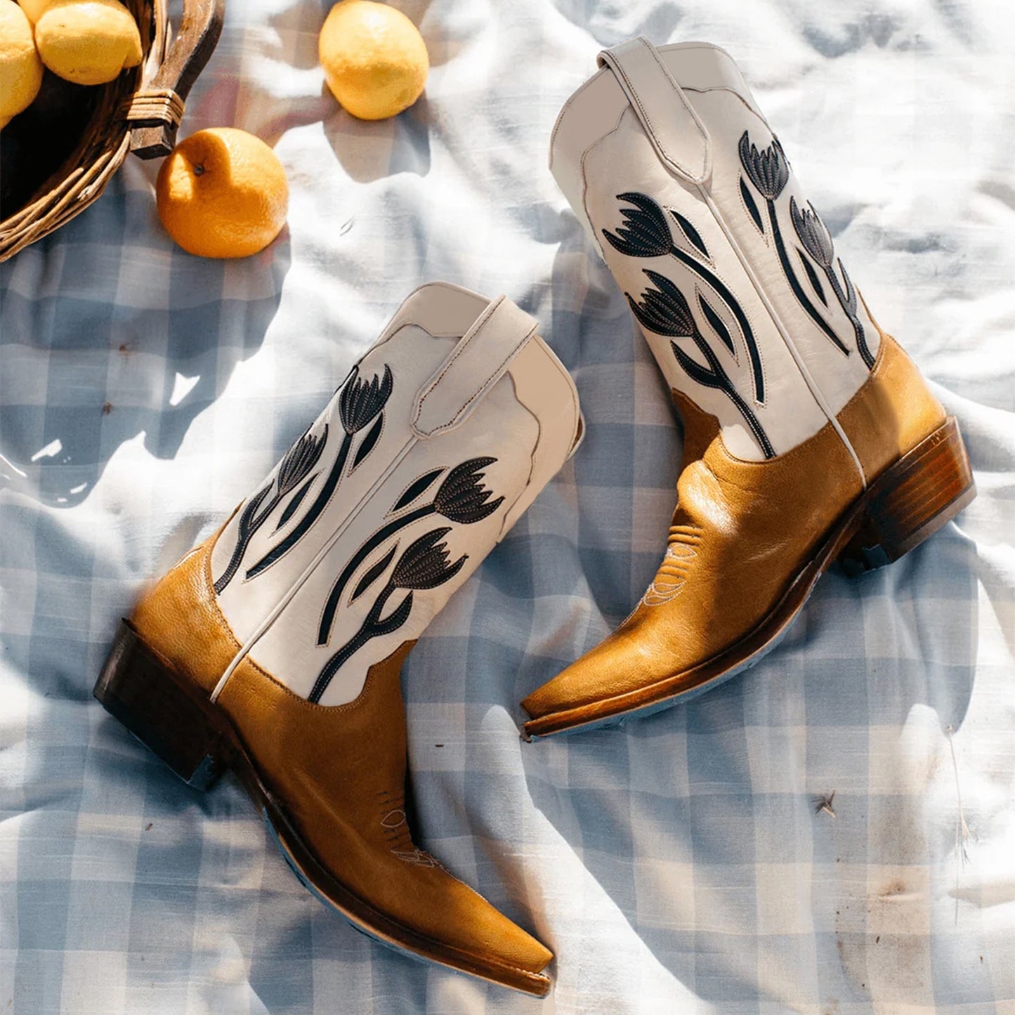 Contrast Cream And Brown Snip-Toe Navy Tulip Inlay Mid Calf Cowgirl Boots