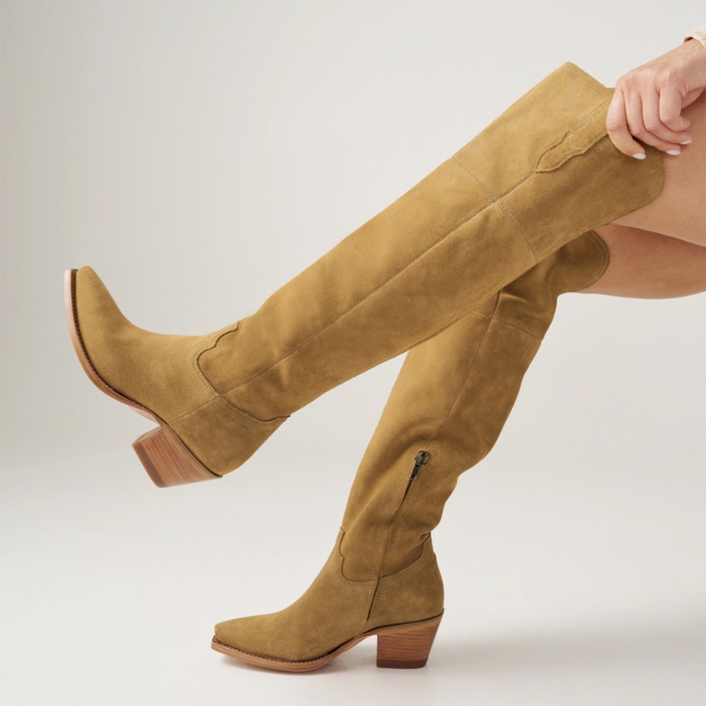 Sand Faux Suede Snip-Toe Half-Zip Over-The-Knee Cowgirl Boots
